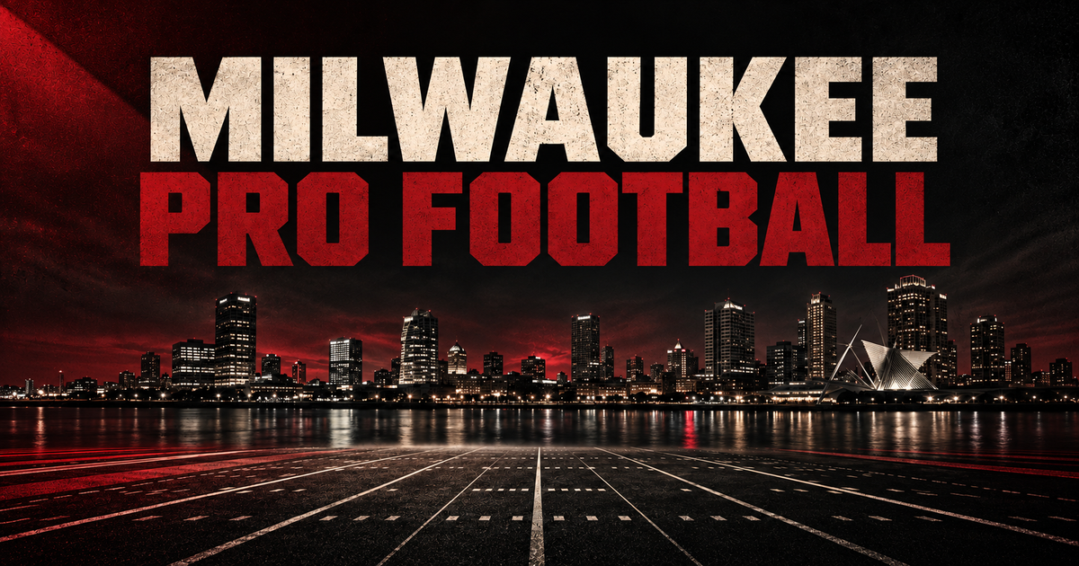 Milwaukee Pro Football in cream and red above a nighttime Milwaukee skyline